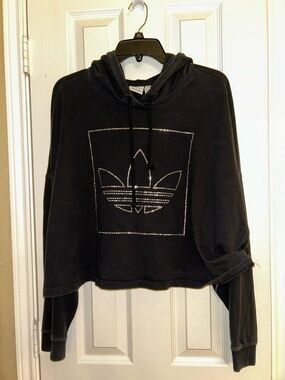 adidas Black Cropped Hoodie with Rhinestone Trefoil